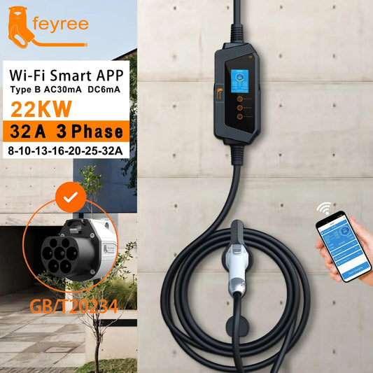 feyree Portable EV Charger GBT Plug 22KW 32A 3Phase EVSE Fast Charging Wi-Fi Smart APP Control for Electric Vehicle Car Charger by 54 Energy - Renewable Energy Store