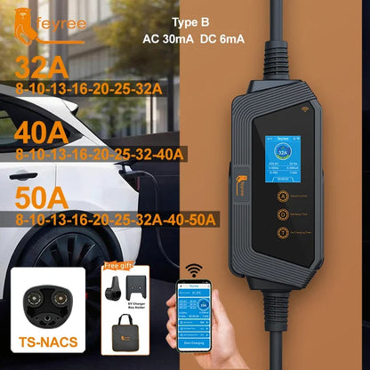 feyree Portable EV Charger TS-NACS Connector 32A up to 50A 12KW High Power EV Wallbox with Smart APP WIFI for All Tesla Models by 54 Energy - Renewable Energy Store