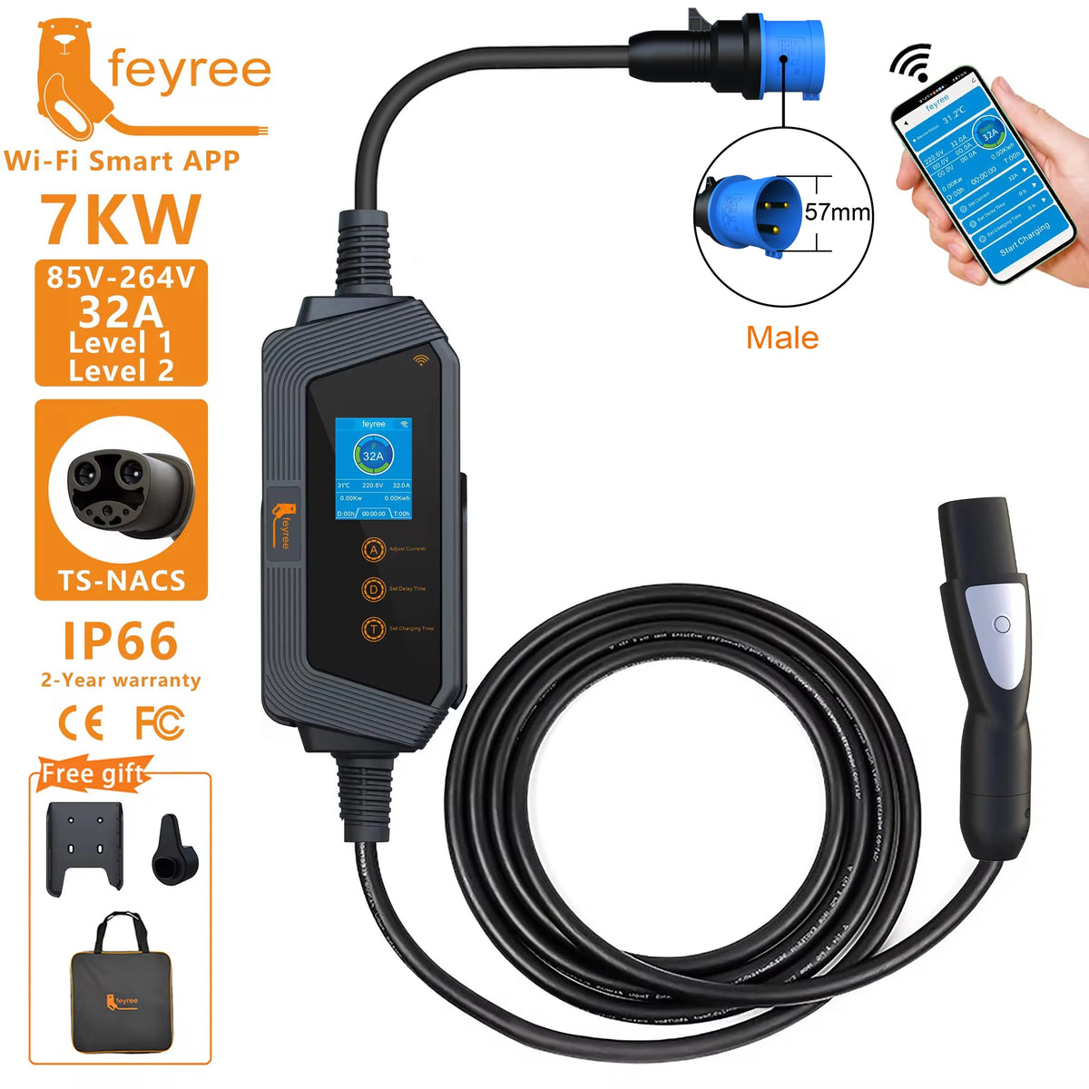 feyree Portable EV Charger TS-NACS Connector 32A up to 50A 12KW High Power EV Wallbox with Smart APP WIFI for All Tesla Models by 54 Energy - Renewable Energy Store
