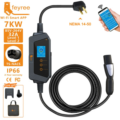 feyree Portable EV Charger TS-NACS Connector 32A up to 50A 12KW High Power EV Wallbox with Smart APP WIFI for All Tesla Models by 54 Energy - Renewable Energy Store