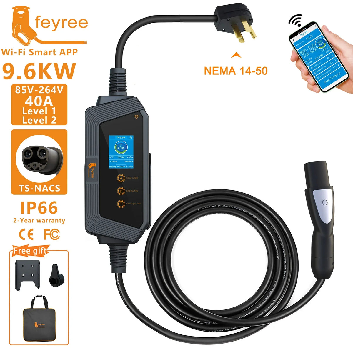 feyree Portable EV Charger TS-NACS Connector 32A up to 50A 12KW High Power EV Wallbox with Smart APP WIFI for All Tesla Models by 54 Energy - Renewable Energy Store
