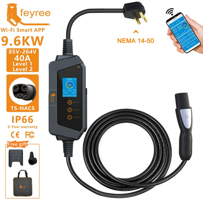 feyree Portable EV Charger TS-NACS Connector 32A up to 50A 12KW High Power EV Wallbox with Smart APP WIFI for All Tesla Models by 54 Energy - Renewable Energy Store