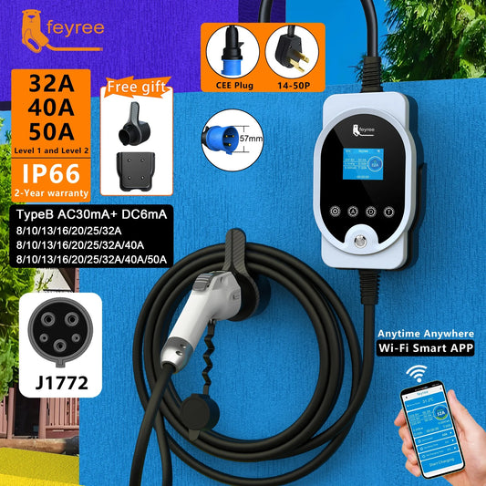 feyree Portable EV Charger Type1 Plug 32A 40A 50A EV Fast Charging Cable 5m Electric Car Charging Station wallbox Adjust Current by 54 Energy - Renewable Energy Store
