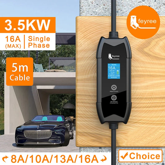 feyree Portable EV Charger Type2 16A 3.5kW GBT 5M Cable Type1 Charging Box with Setting Delay Time for Electric Vehicle Car by 54 Energy - Renewable Energy Store