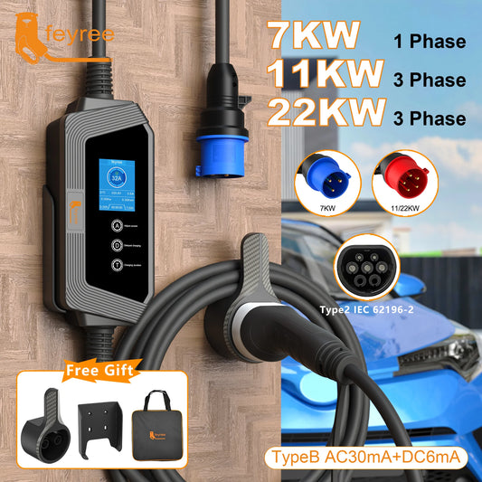 feyree Portable EV Charger Type2 22KW 11KW 3P Fast Charging 7KW 32A 1P for Electric Car Adjusting Current Setting Charging Time by 54 Energy - Renewable Energy Store