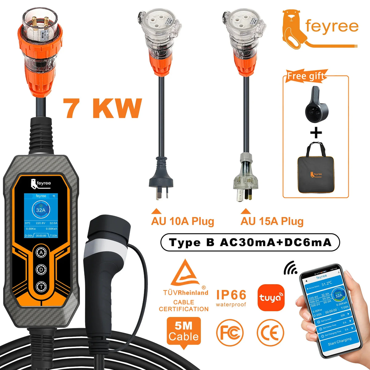 feyree Portable EV Charger Type2 32A 7KW with AU Plug Power Supply Side Smart WiFi APP Adjust Current Timing Charging for EV Car by 54 Energy - Renewable Energy Store