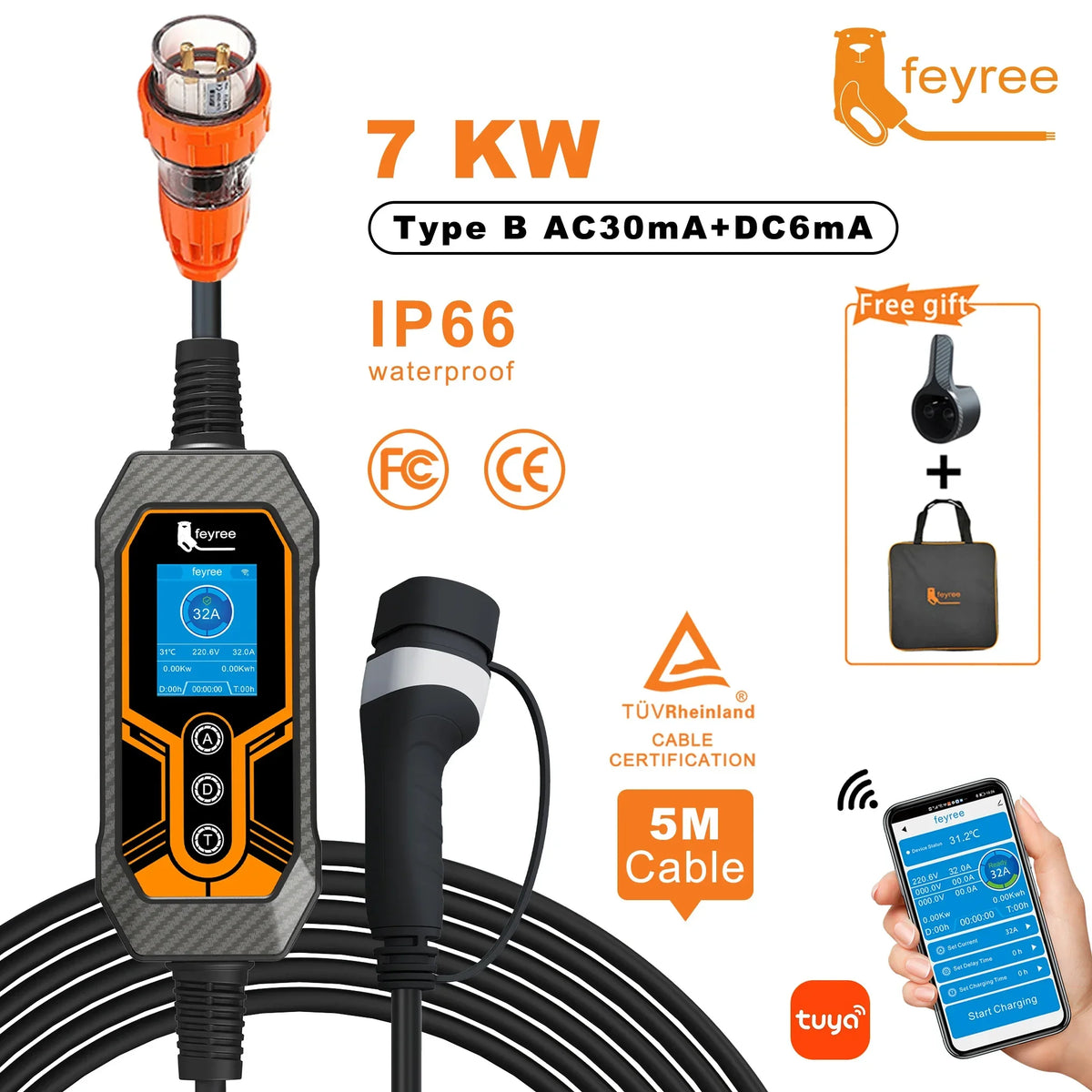 feyree Portable EV Charger Type2 32A 7KW with AU Plug Power Supply Side Smart WiFi APP Adjust Current Timing Charging for EV Car by 54 Energy - Renewable Energy Store
