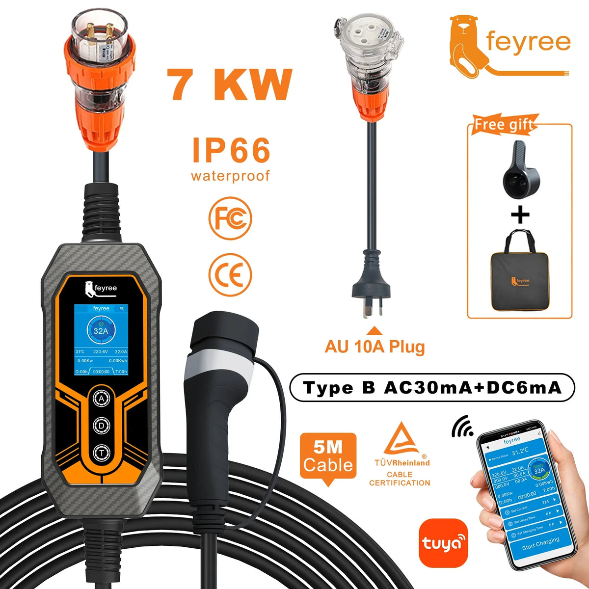 feyree Portable EV Charger Type2 32A 7KW with AU Plug Power Supply Side Smart WiFi APP Adjust Current Timing Charging for EV Car by 54 Energy - Renewable Energy Store