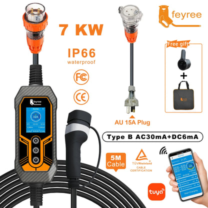 feyree Portable EV Charger Type2 32A 7KW with AU Plug Power Supply Side Smart WiFi APP Adjust Current Timing Charging for EV Car by 54 Energy - Renewable Energy Store