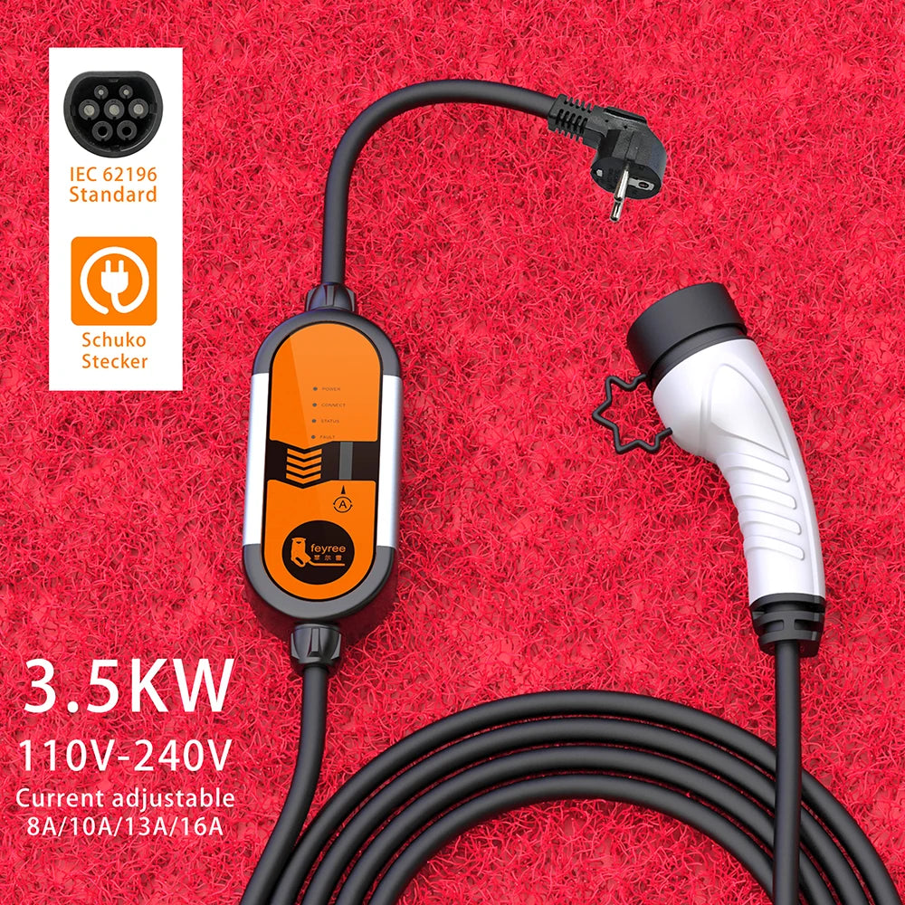 feyree Portable EV Charger Type2 IEC62196-2 16A EVSE Charging Cable Type1 SAE J1772 EU Plug Controller Wallbox for Electric Car by 54 Energy - Renewable Energy Store