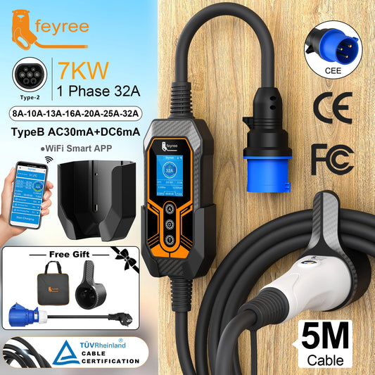 feyree Portable EV Charger Type2 with Wall Mount 32A 7KW Wi-Fi APP Control Smart Timing Charging EVSE Wallbox for Home&Outdoor by 54 Energy - Renewable Energy Store