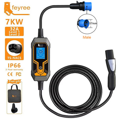 feyree Portable EV Charger Wallbox Tesla 7KW 32A 1Phase Level 2 with 5m Cable Current Adjustable for all Tesla Models 3/Y/S/X by 54 Energy - Renewable Energy Store