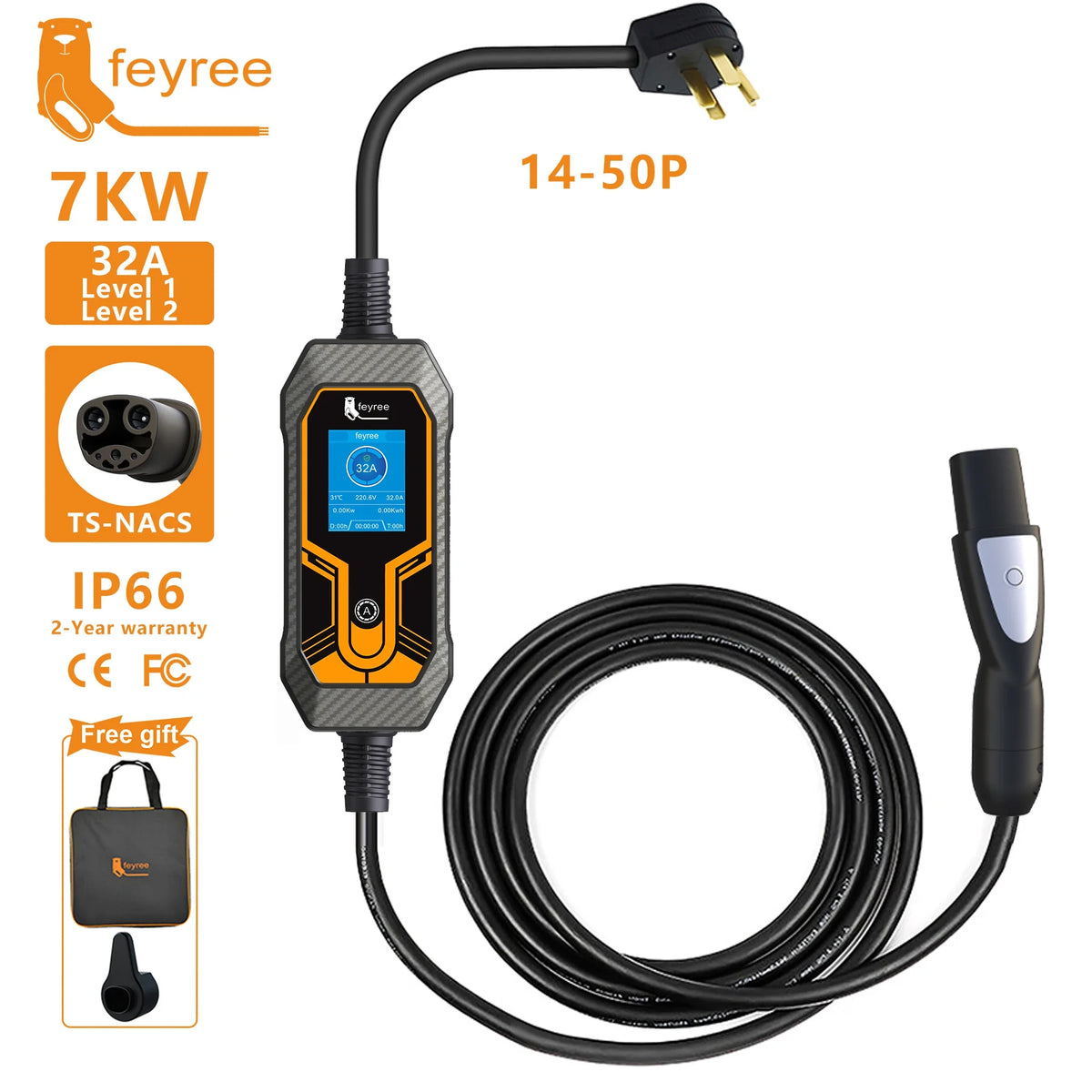 feyree Portable EV Charger Wallbox Tesla 7KW 32A 1Phase Level 2 with 5m Cable Current Adjustable for all Tesla Models 3/Y/S/X by 54 Energy - Renewable Energy Store
