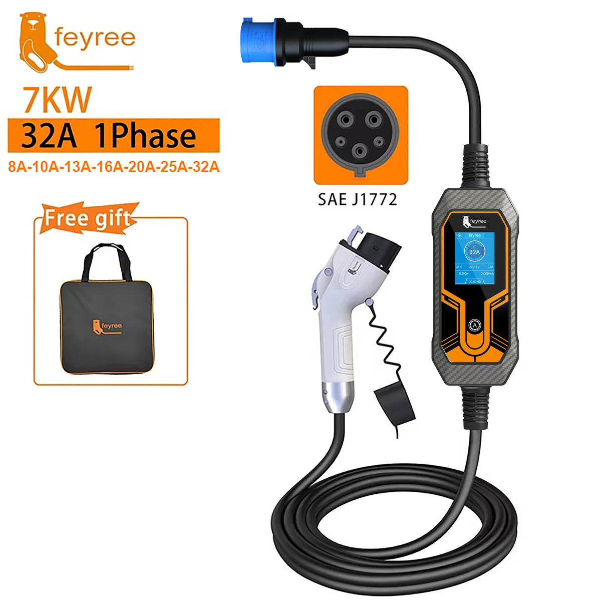 feyree Portable EV Charger Wallbox Type1 j1772 7KW 32A 1Phase with CEE Plug EVSE Charging Box for Electric Car Charger 5m Cable by 54 Energy - Renewable Energy Store