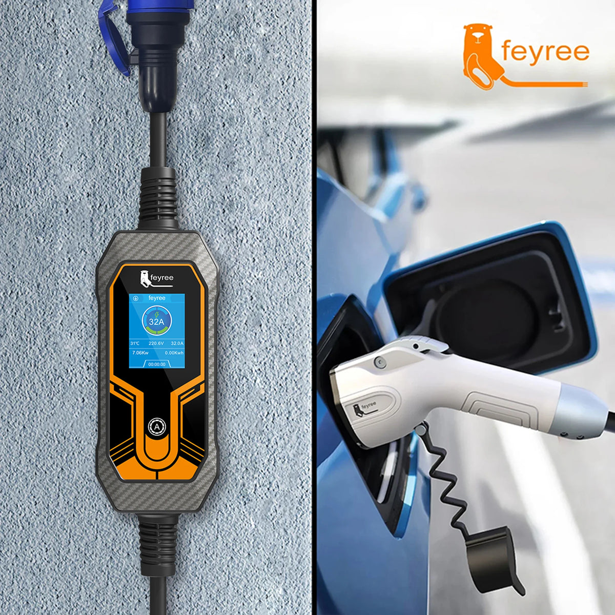 feyree Portable EV Charger Wallbox Type1 j1772 7KW 32A 1Phase with CEE Plug EVSE Charging Box for Electric Car Charger 5m Cable by 54 Energy - Renewable Energy Store