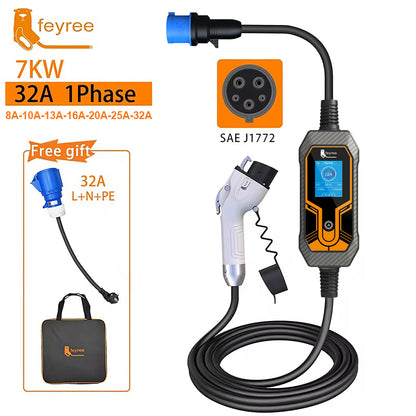 feyree Portable EV Charger Wallbox Type1 j1772 7KW 32A 1Phase with CEE Plug EVSE Charging Box for Electric Car Charger 5m Cable by 54 Energy - Renewable Energy Store
