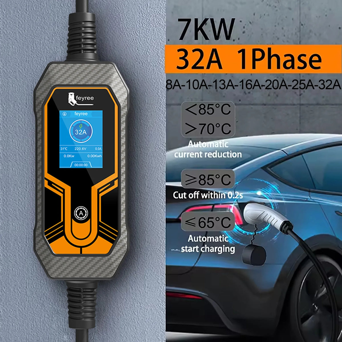 feyree Portable EV Charger Wallbox Type2 Cable 32A 7KW with CEE Plug EVSE Type1 Charging Box j1772 Adapter for Electric Vehicle by 54 Energy - Renewable Energy Store