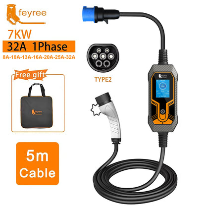 feyree Portable EV Charger Wallbox Type2 Cable 32A 7KW with CEE Plug EVSE Type1 Charging Box j1772 Adapter for Electric Vehicle by 54 Energy - Renewable Energy Store