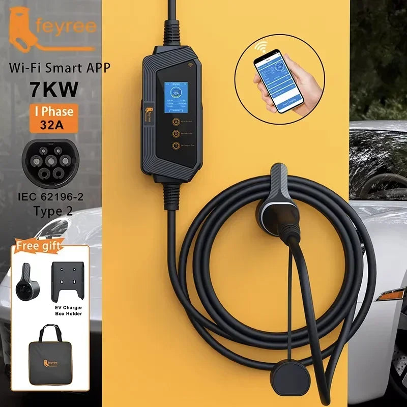 feyree Portable EV charger Type2 32A 7KW Fast Charging for Electric Vehicle APP Wi-Fi Control by Setting Current & Charging time by 54 Energy - Renewable Energy Store