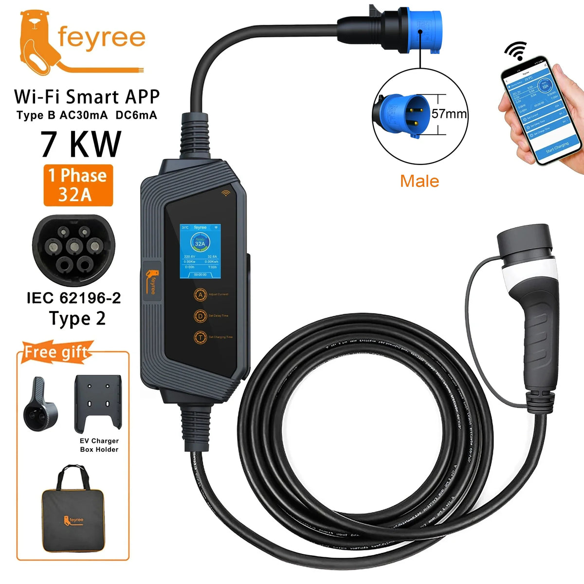 feyree Portable EV charger Type2 32A 7KW Fast Charging for Electric Vehicle APP Wi-Fi Control by Setting Current & Charging time by 54 Energy - Renewable Energy Store