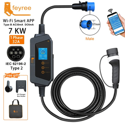 feyree Portable EV charger Type2 32A 7KW Fast Charging for Electric Vehicle APP Wi-Fi Control by Setting Current & Charging time by 54 Energy - Renewable Energy Store
