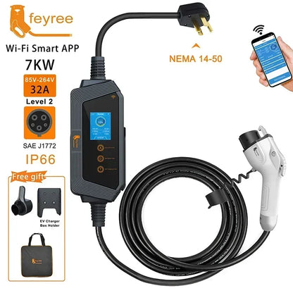 feyree Type1 7KW 32A 1Phase Portable EV Charger J1772 Socket with 5m Cable Smart APP WIFI Control Version for Electric Vehicle by 54 Energy - Renewable Energy Store