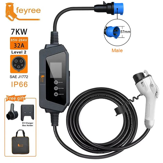 feyree Type1 7KW 32A EV Charger 1Phase with j1772 Cord Current Adjustable Portable Charging Box Holder for Electric Car Charger by 54 Energy - Renewable Energy Store