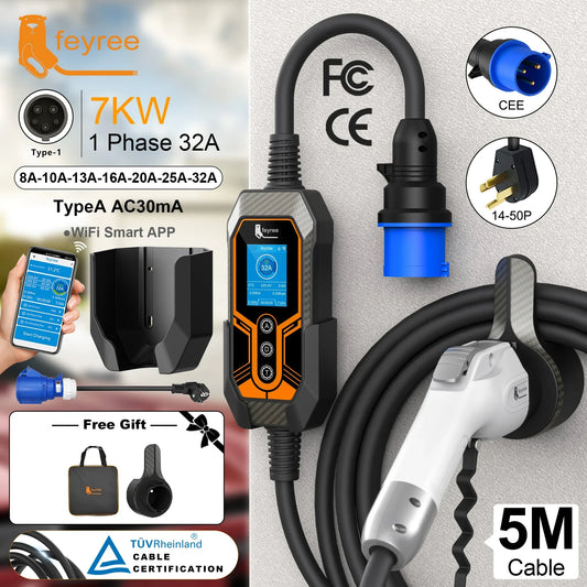 feyree Type1 Plug j1772 32A 7KW 1P Portable EV Charger with Wall Mount APP Ctrl EVSE Portable Charging Box for Electric Vehicle by 54 Energy - Renewable Energy Store