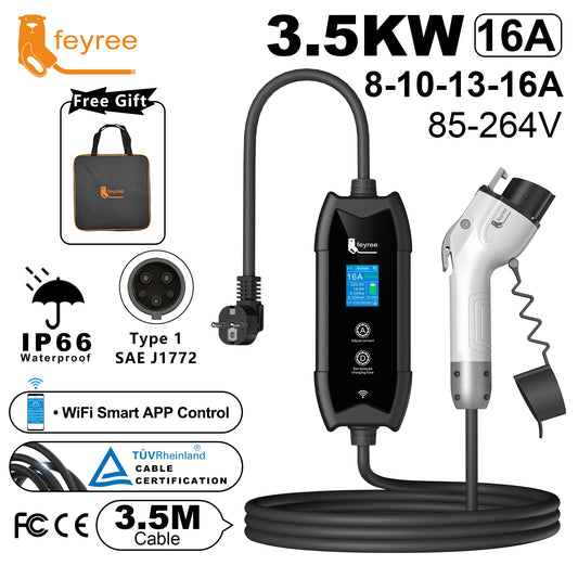 feyree Type1 Portable EV Charger 3.5m Cable with WIFI APP Control 16A 3.5kW Set Charging&DelayTime for EV Cars,Plug customizable by 54 Energy - Renewable Energy Store