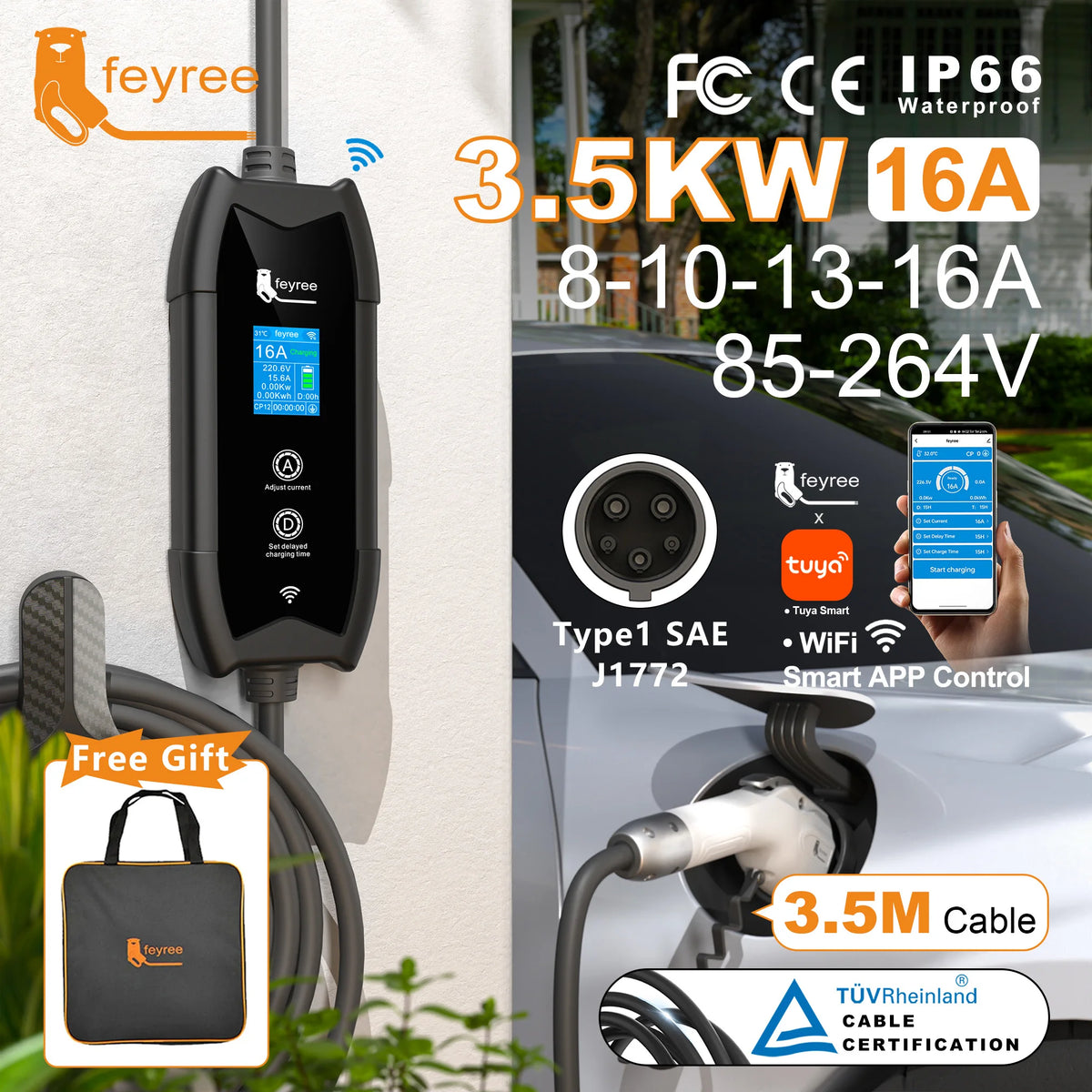 feyree Type1 Portable EV Charger 3.5m Cable with WIFI APP Control 16A 3.5kW Set Charging&DelayTime for EV Cars,Plug customizable by 54 Energy - Renewable Energy Store