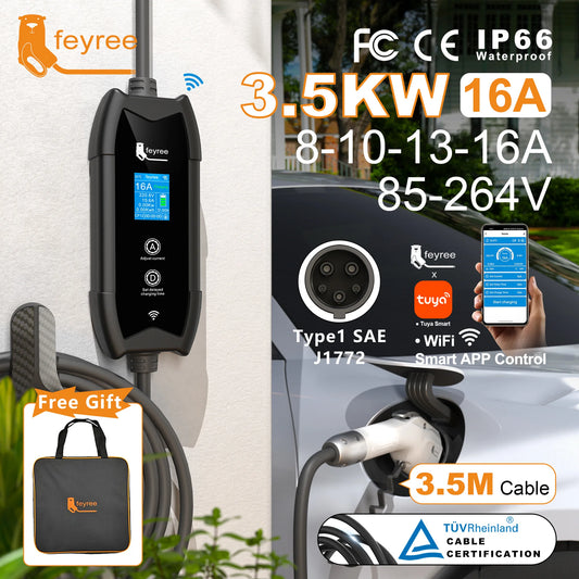 feyree Type1 Portable EV Charger 3.5m Cable with WIFI APP Control 16A 3.5kW Set Charging&DelayTime for EV Cars,Plug customizable by 54 Energy - Renewable Energy Store