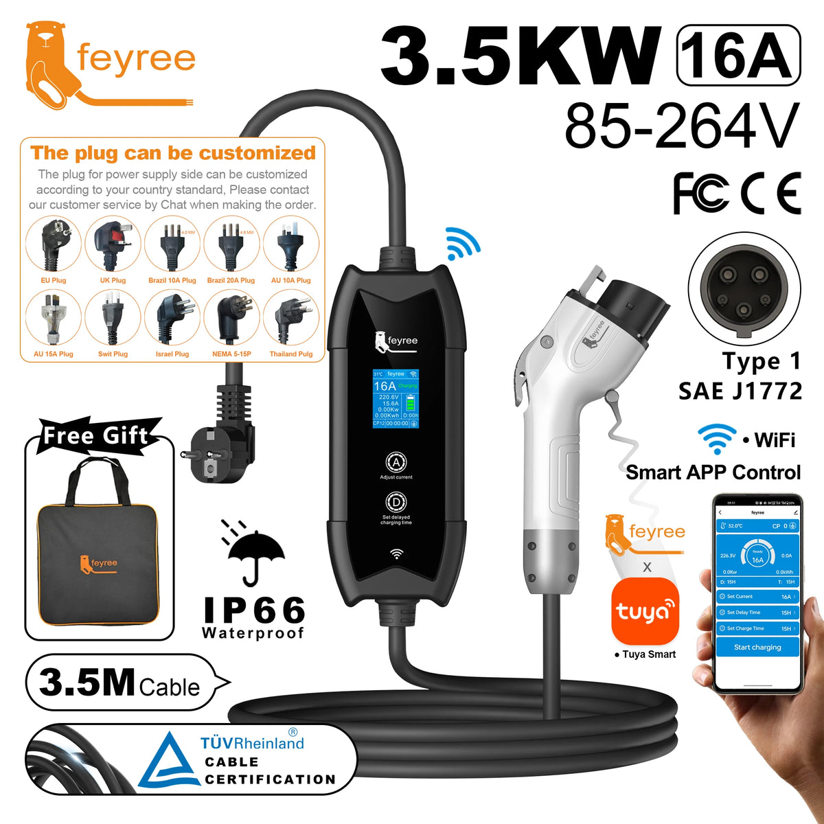 feyree Type1 Portable EV Charger 3.5m Cable with WIFI APP Control 16A 3.5kW Set Charging&DelayTime for EV Cars,Plug customizable by 54 Energy - Renewable Energy Store