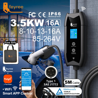 feyree Type1 Portable EV Charger 5m Cable with WIFI APP Control 16A 3.5KW Set Charging&DelayTime for EV Cars,Plug customizable by 54 Energy - Renewable Energy Store