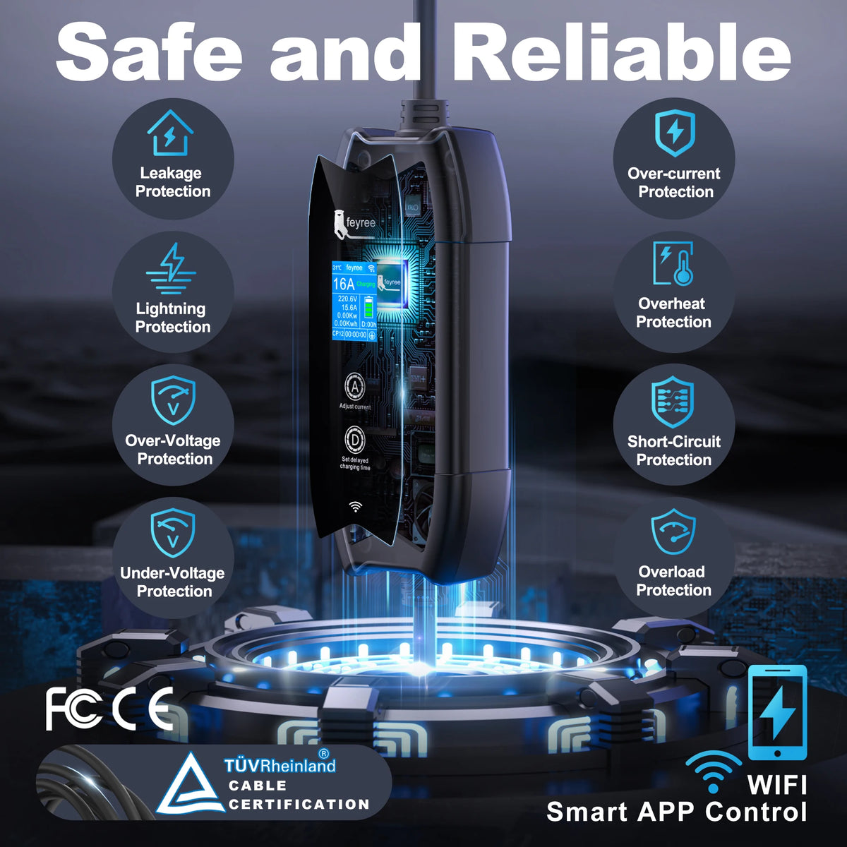 feyree Type1 Portable EV Charger 5m Cable with WIFI APP Control 16A 3.5KW Set Charging&DelayTime for EV Cars,Plug customizable by 54 Energy - Renewable Energy Store