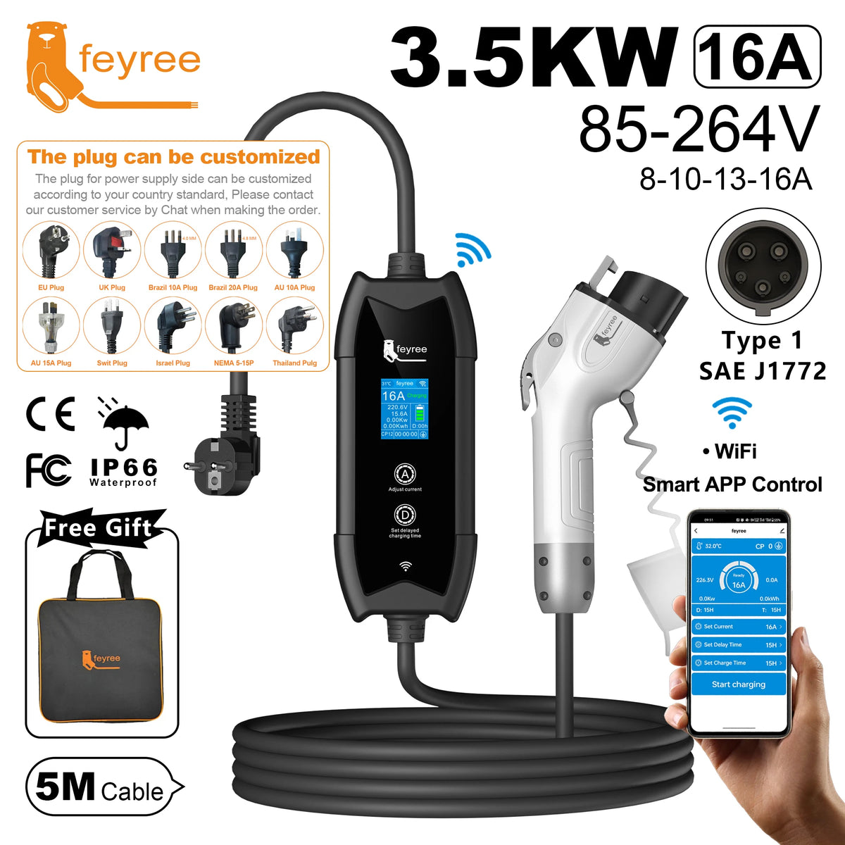 feyree Type1 Portable EV Charger 5m Cable with WIFI APP Control 16A 3.5KW Set Charging&DelayTime for EV Cars,Plug customizable by 54 Energy - Renewable Energy Store