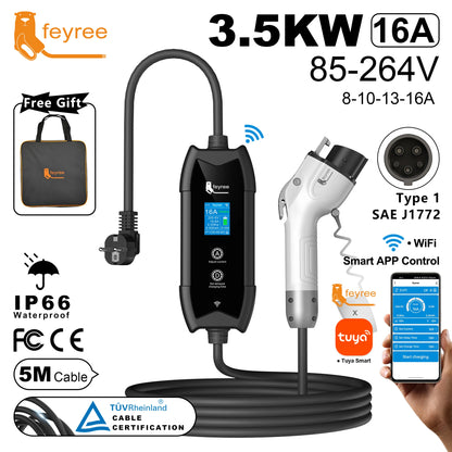 feyree Type1 Portable EV Charger 5m Cable with WIFI APP Control 16A 3.5KW Set Charging&DelayTime for EV Cars,Plug customizable by 54 Energy - Renewable Energy Store