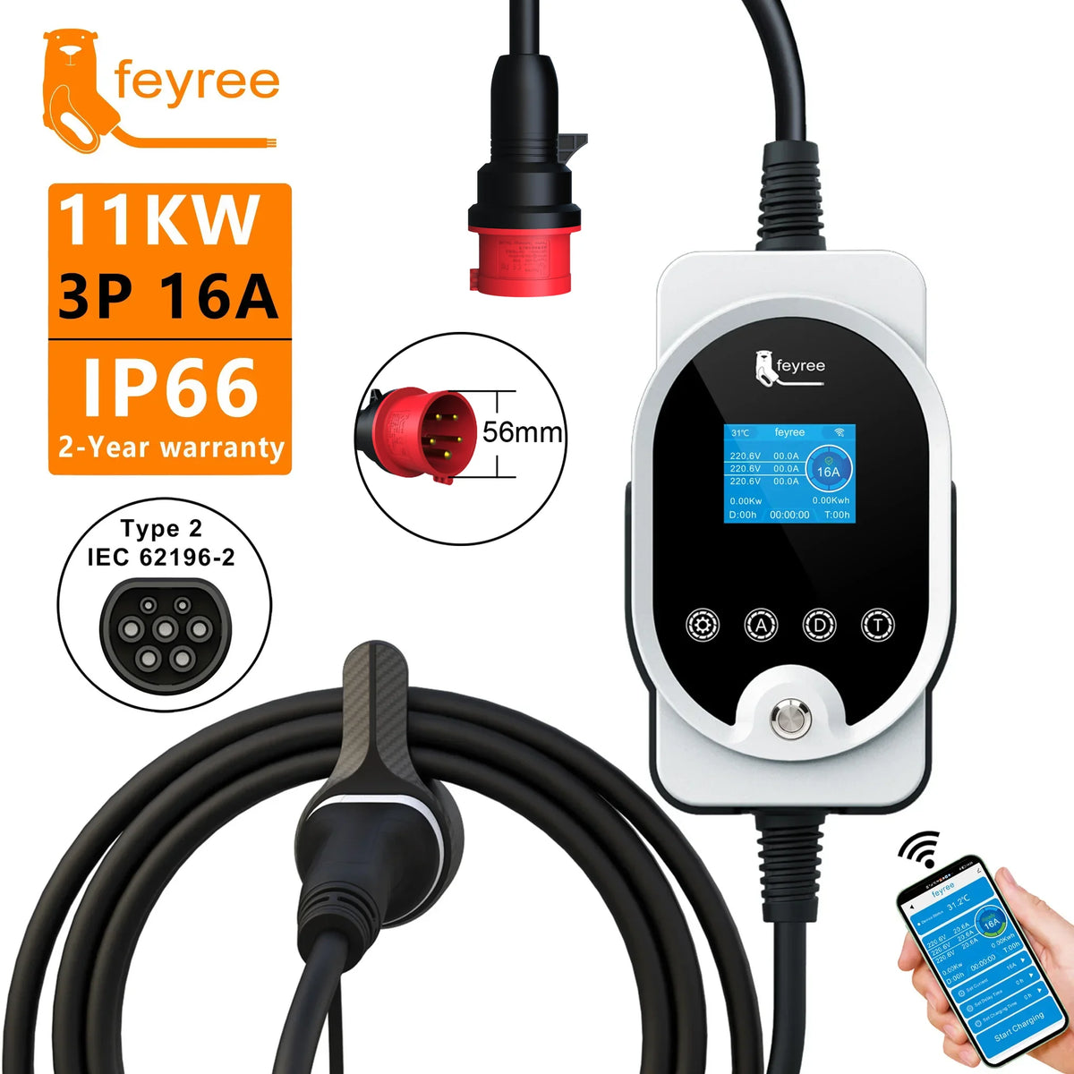 feyree Type2 11KW EVSE Wallbox EV Portable Charger 16A 3Phase Wi-Fi Smart APP Control Charging Station for Electric Car Charger by 54 Energy - Renewable Energy Store