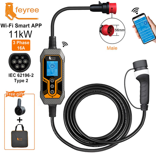 feyree Type2 11kW 16A 3 Phase Portable EV Charger Wi-Fi APP Bluetooth Version EVSE Charging Cable 5m CEE Plug for Electric Car by 54 Energy - Renewable Energy Store