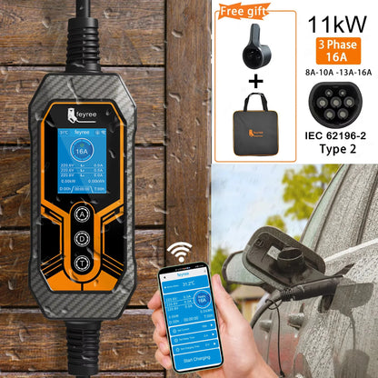 feyree Type2 11kW 16A 3 Phase Portable EV Charger Wi-Fi APP Bluetooth Version EVSE Charging Cable 5m CEE Plug for Electric Car by 54 Energy - Renewable Energy Store