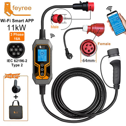 feyree Type2 11kW 16A 3 Phase Portable EV Charger Wi-Fi APP Bluetooth Version EVSE Charging Cable 5m CEE Plug for Electric Car by 54 Energy - Renewable Energy Store