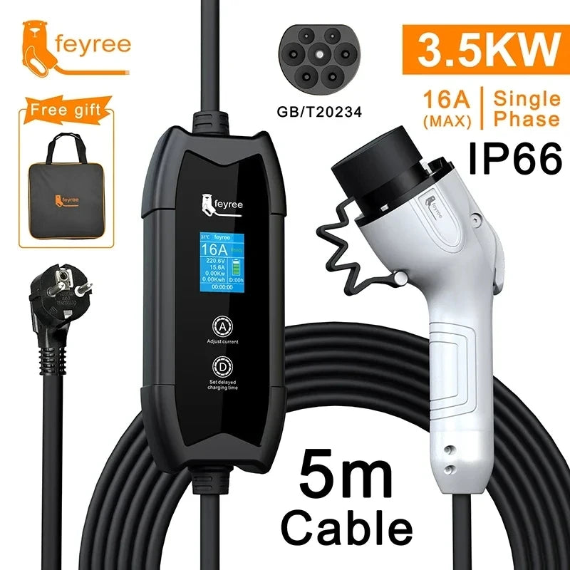 feyree Type2 16A 3.5kW EV Charger Portable Charging Box 5M Cable GBT Socket Type1 J1772 Adapter for Electric Vehicle Car Charger by 54 Energy - Renewable Energy Store