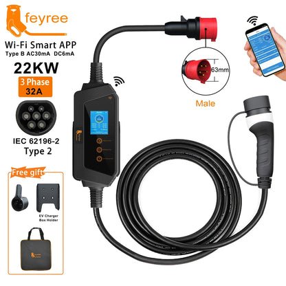 feyree Type2 22KW 32A 3Phase EV Charger Wi-Fi APP Control EVSE Portable Charging Box Charging Station for Electric Car Charger by 54 Energy - Renewable Energy Store