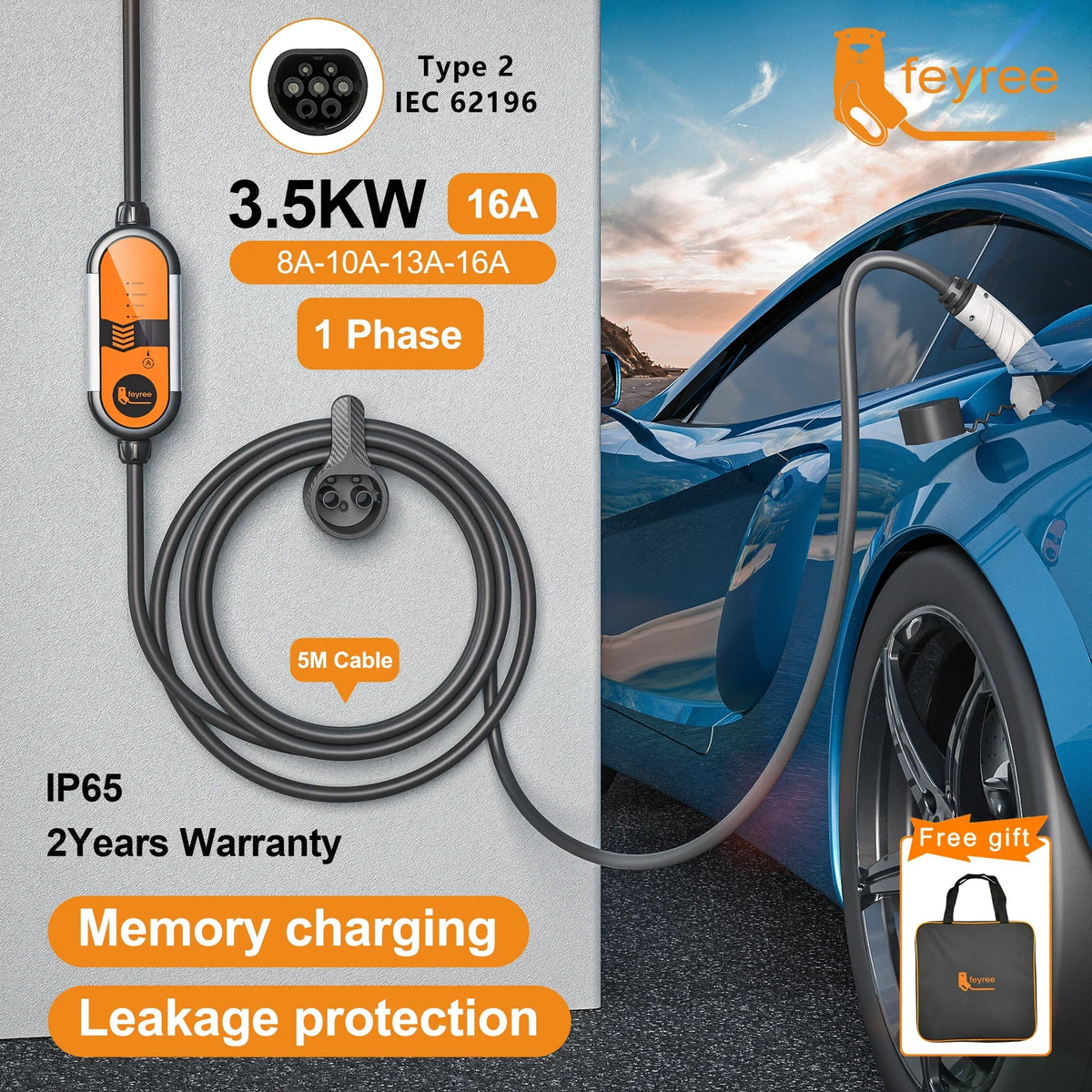 feyree Type2 3.5KW 16A 1Phase Portable EV Charger EVSE Charging Cable 5m Schuko Plug Current Adjustable for Electric Car Charger by 54 Energy - Renewable Energy Store