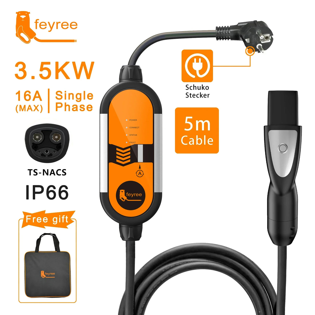 feyree Type2 3.5KW 16A 1Phase Portable EV Charger EVSE Charging Cable 5m Schuko Plug Current Adjustable for Electric Car Charger by 54 Energy - Renewable Energy Store