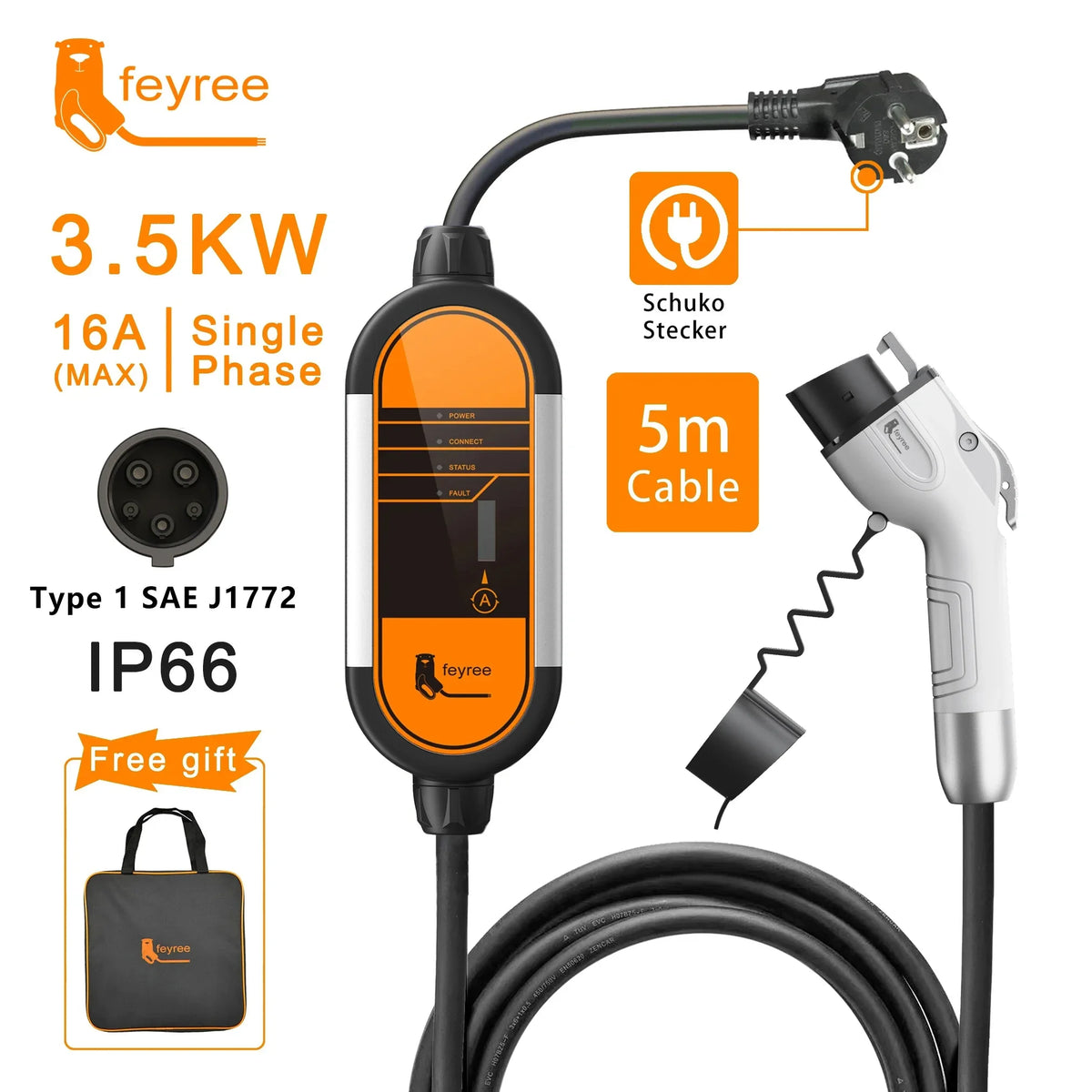 feyree Type2 3.5KW 16A 1Phase Portable EV Charger EVSE Charging Cable 5m Schuko Plug Current Adjustable for Electric Car Charger by 54 Energy - Renewable Energy Store
