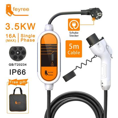 feyree Type2 3.5KW 16A 1Phase Portable EV Charger EVSE Charging Cable 5m Schuko Plug Current Adjustable for Electric Car Charger by 54 Energy - Renewable Energy Store