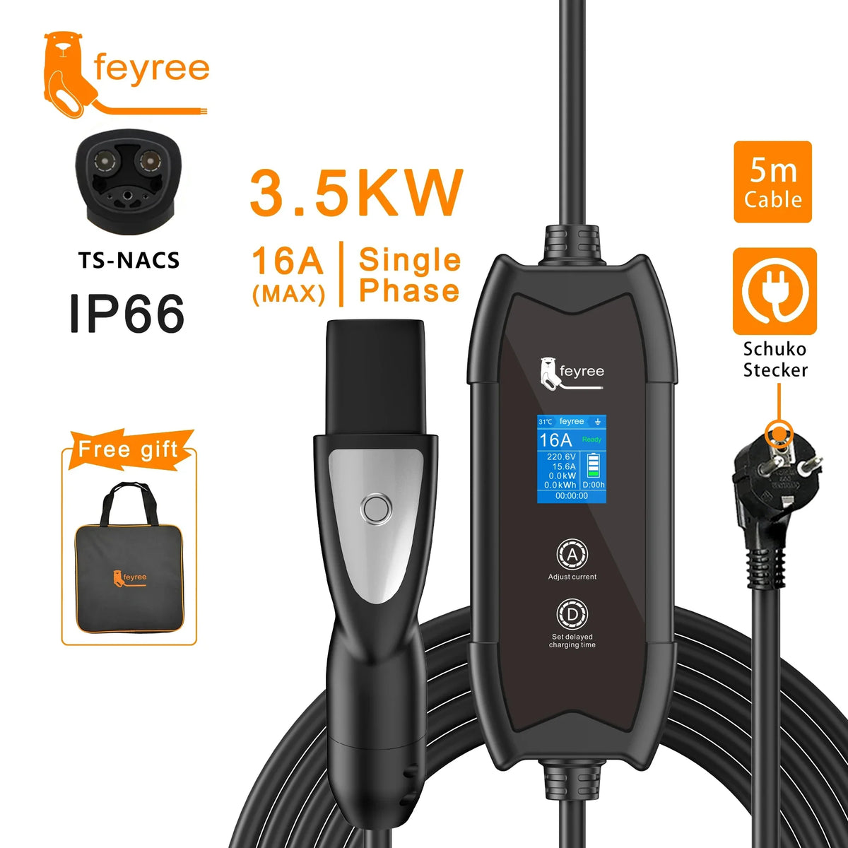 feyree Type2 3.5KW 16A Adjust Current EV Charger Portable Charging Box Set Current&Delay Time with Schuko Plug for Electric Ca by 54 Energy - Renewable Energy Store