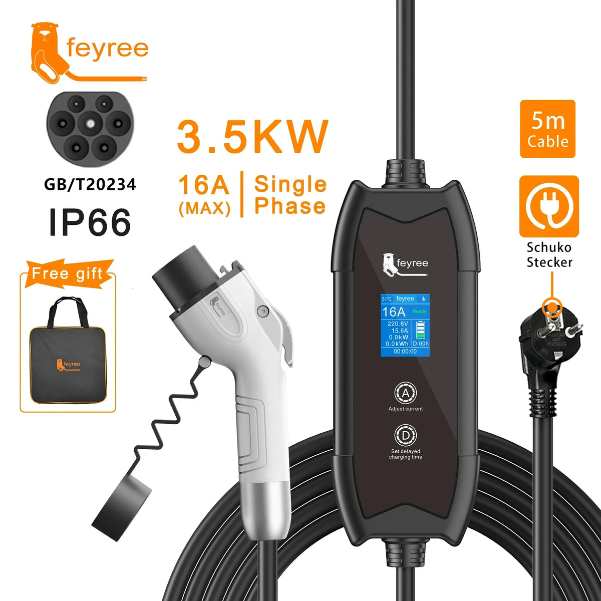 feyree Type2 3.5KW 16A Adjust Current EV Charger Portable Charging Box Set Current&Delay Time with Schuko Plug for Electric Ca by 54 Energy - Renewable Energy Store