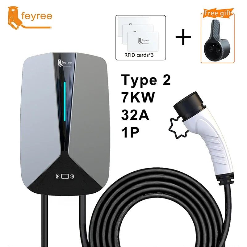 feyree Type2 32A 7.6KW 1Phase EV Charger EVSE Wallbox RFID Cards Version 5m Cable Charging Station for Electric Vehicle Car by 54 Energy - Renewable Energy Store