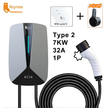 feyree Type2 32A 7.6KW 1Phase EV Charger EVSE Wallbox RFID Cards Version 5m Cable Charging Station for Electric Vehicle Car by 54 Energy - Renewable Energy Store